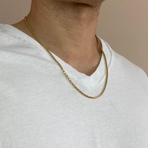Mens Italian Rope Chain Necklace - 2.9mm Chain - Sterling Silver - 18K Gold Plate