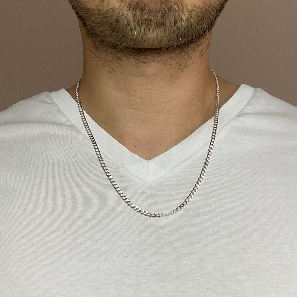 Mens Silver Chain Necklace - 3mm Italian Curb Chain - 925 Sterling Silver