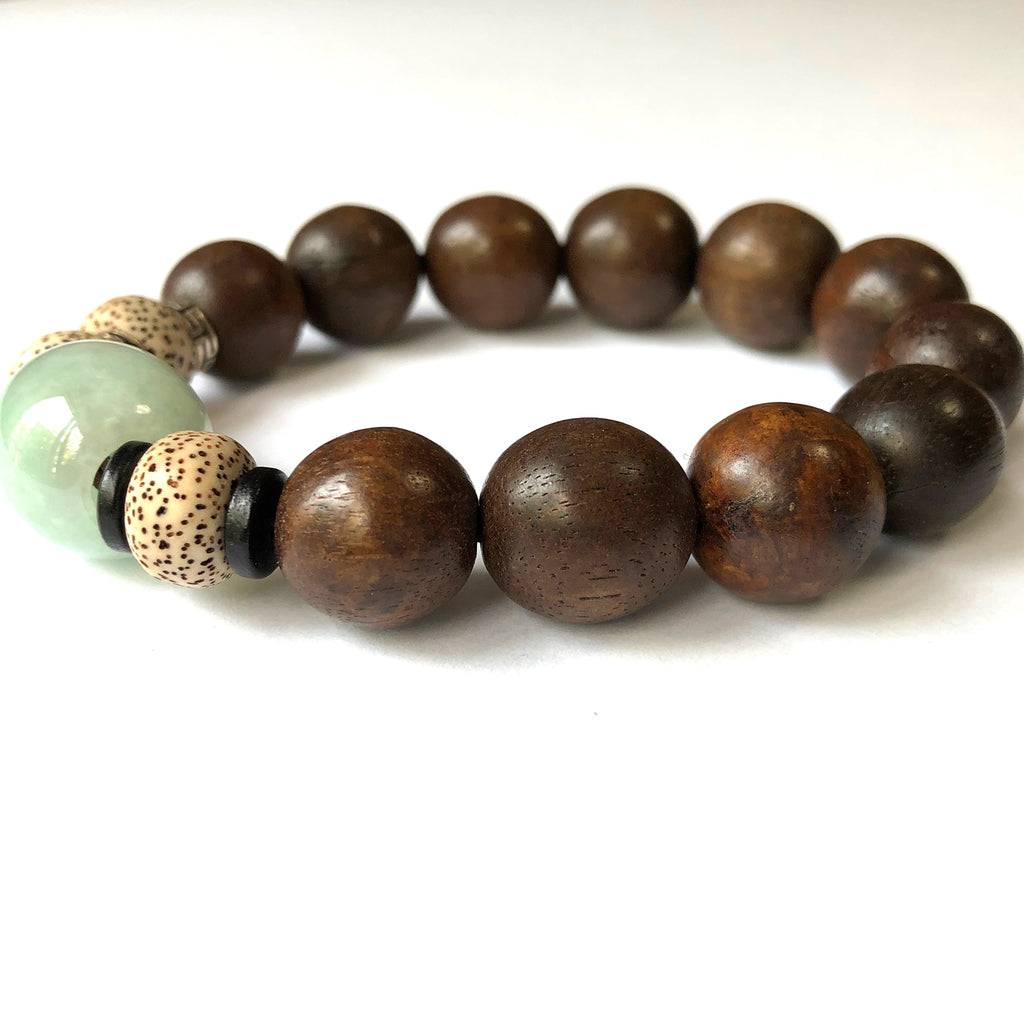 Jadeite (16mm) and Agarwood (14mm) Bracelet with Bodhi Seeds