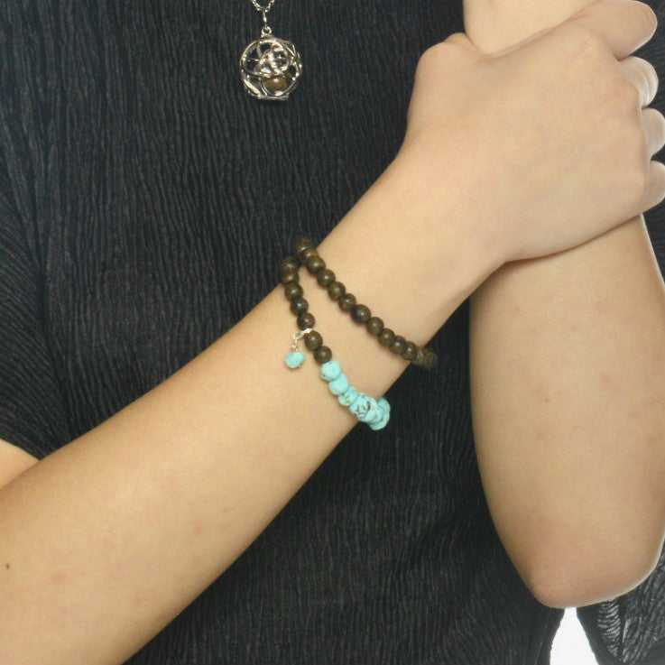 Turquoise (8mm) and Agarwood (6mm) Double-Strand Bracelet