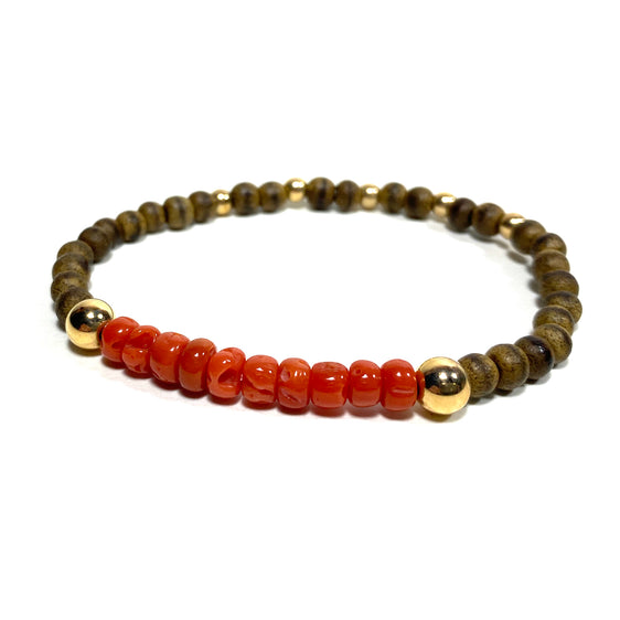 Mini Agarwood Bead Bracelet with Red Coral and 14K Gold