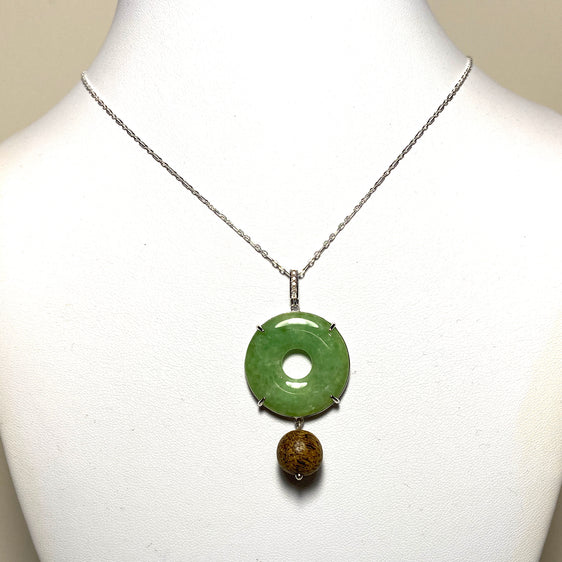Jade Donut and Agarwood Bead Pendant with Sterling Silver Necklace