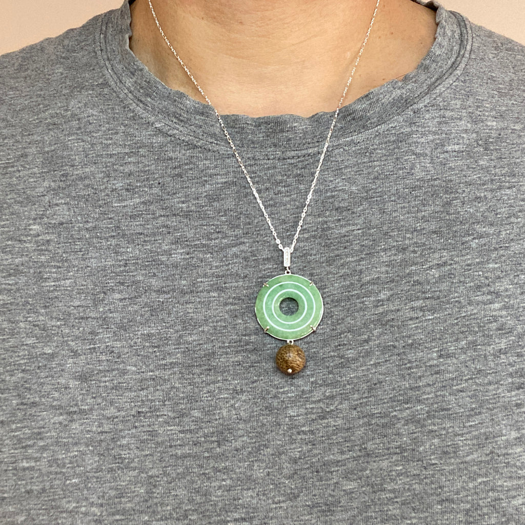 Jade Donut and Agarwood Bead Pendant with Sterling Silver Necklace