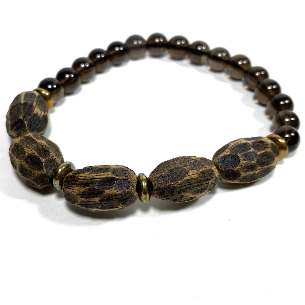 RARE Natural Vietnam Agarwood Beaded Bracelet with Smokey Quartz Gemstone