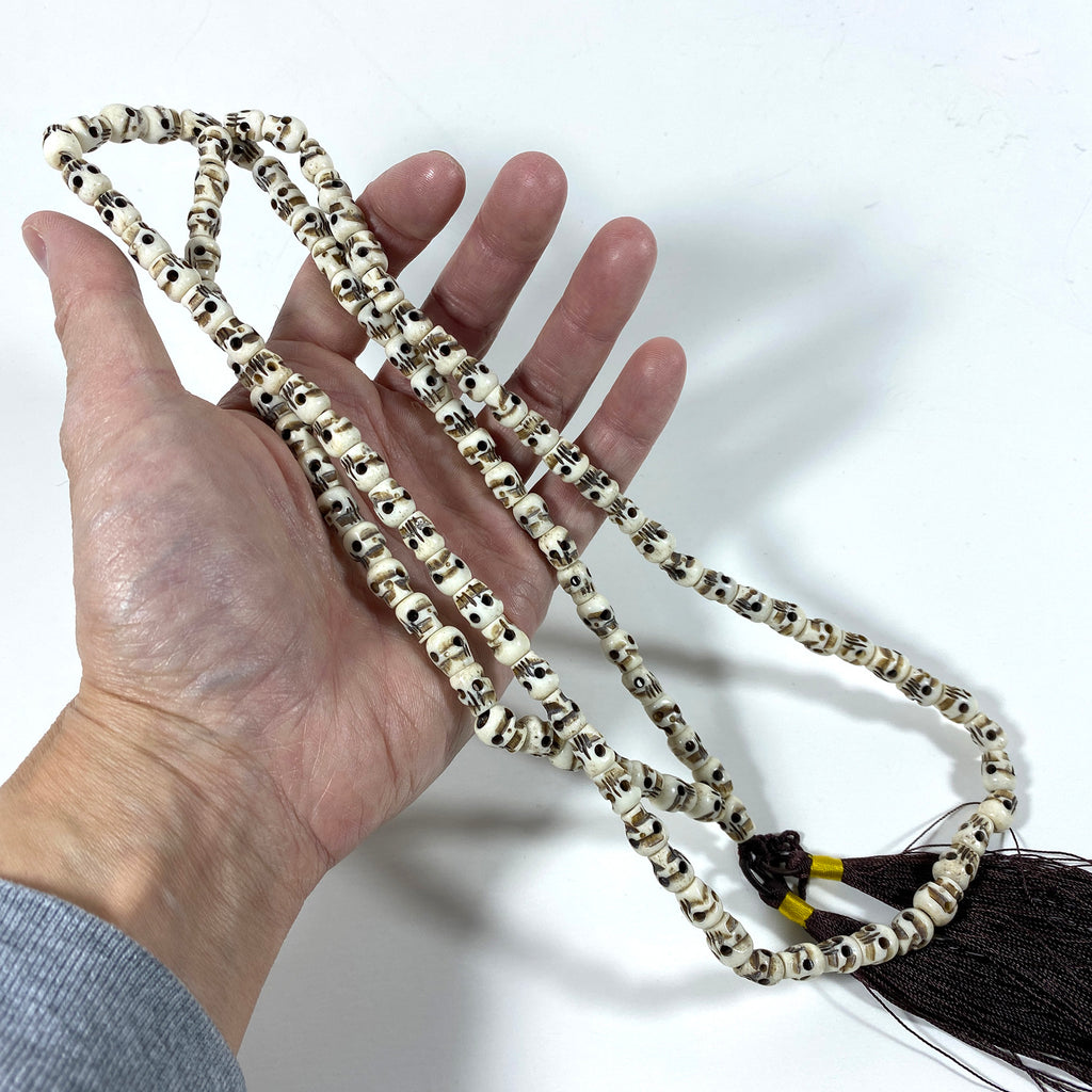 Hand-Carved Skull Bead Yak Bone Mala - 108 Bead Mala Necklace - Mantra Meditation Yoga Beads Active