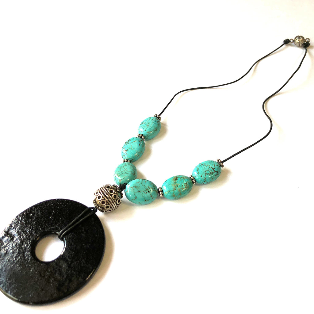 Dichroic Glass Pendant with Turquoise and Antique Bali Bead Necklace