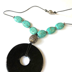 Dichroic Glass Pendant with Turquoise and Antique Bali Bead Necklace