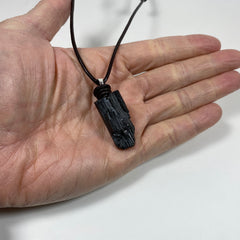 Black Tourmaline Raw Stone Pendant with Black Leather Cord Necklace