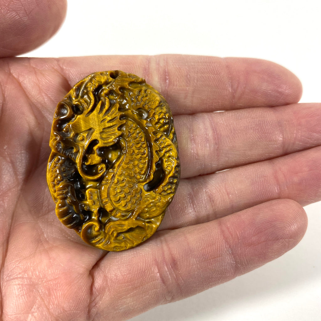 Tiger's Eye Dragon Pendant - Natural Gemstone - Carved Dragon Stone