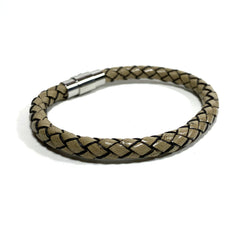 Braided Leather Bracelet - Beige - Stainless Steel Magnetic Clasp