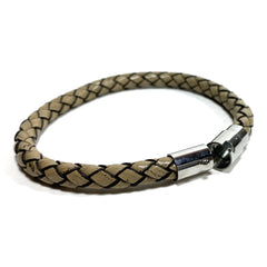 Braided Leather Bracelet - Beige - Stainless Steel Magnetic Clasp