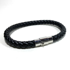 Braided Leather Bracelet - Black - Stainless Steel Magnetic Clasp