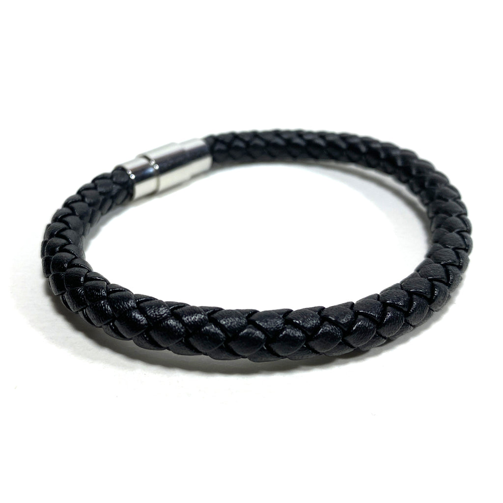 Braided Leather Bracelet - Black - Stainless Steel Magnetic Clasp
