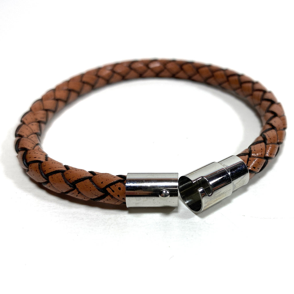 Braided Leather Bracelet - Brown - Stainless Steel Magnetic Clasp
