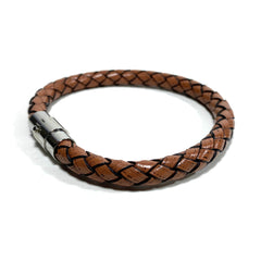 Braided Leather Bracelet - Brown - Stainless Steel Magnetic Clasp