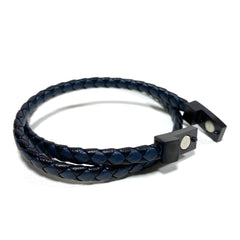 Leather Double Wrap Braided Bracelet - Blue/Black - Stainless Steel Magnetic Clasp