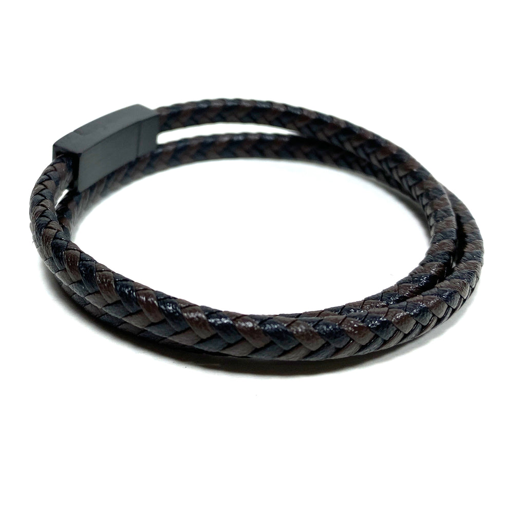 Leather Double Wrap Braided Bracelet - Brown/Black - Stainless Steel Magnetic Clasp