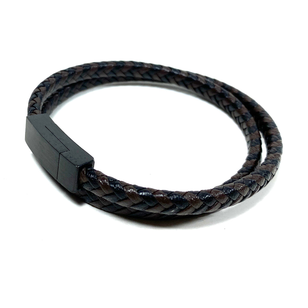 Leather Double Wrap Braided Bracelet - Brown/Black - Stainless Steel Magnetic Clasp