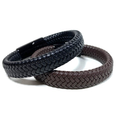 Braided Brown Leather Bracelet - Stainless Steel Magnetic Clasp
