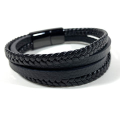 Men's Black Leather Bracelet - Stainless Steel Magnetic Clasp