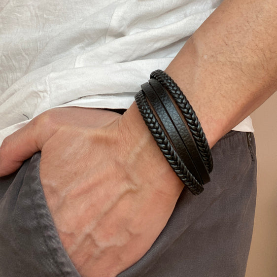 Men's Black Leather Bracelet - Stainless Steel Magnetic Clasp