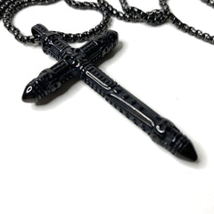 Black Stainless Steel Carved Cross and Necklace