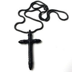Black Stainless Steel Carved Cross and Necklace
