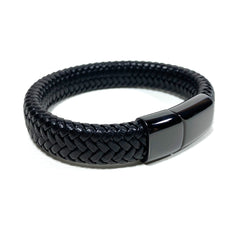 Braided Black Leather Bracelet - Stainless Steel Magnetic Clasp